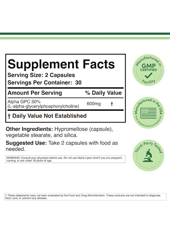 Alpha GPC Choline Brain Supplement for Acetylcholine (60 Count, 600mg Servings) Advanced Memory Formula, Focus and Brain Support, Focus Supplement (Manufactured in The USA) by Double Wood - Image 3